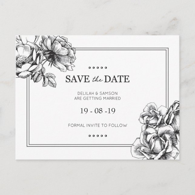 Monokroma blommiga bröllops-kort för Save the Date Meddelande Vykort (Framsida)