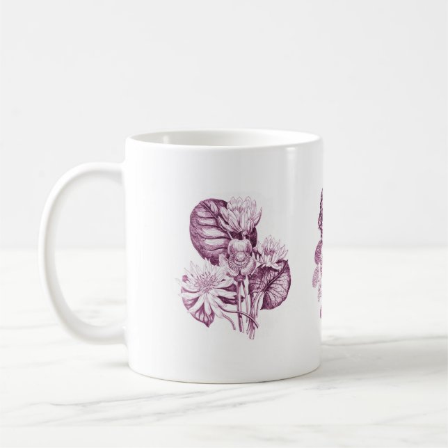 Monokroma blommor i burgundi kaffemugg (Vänster)