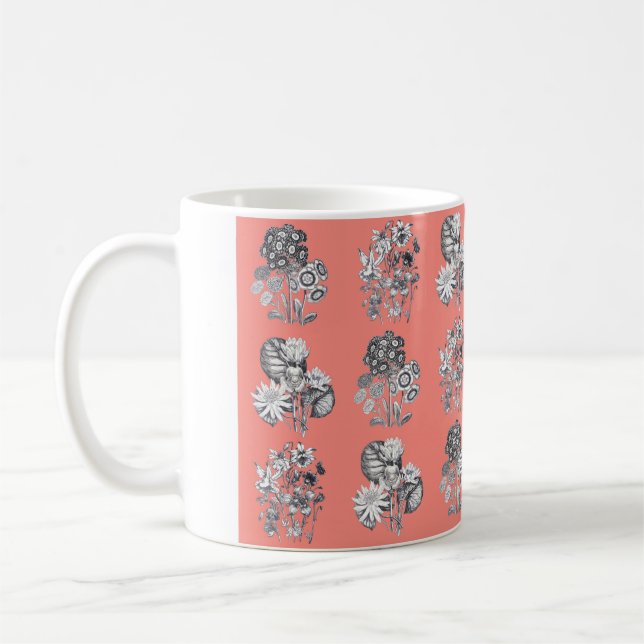 Monokroma blommor i korallbakgrund kaffemugg (Vänster)