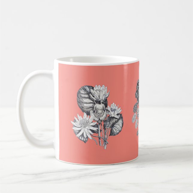 Monokroma blommor i korallbakgrund kaffemugg (Vänster)