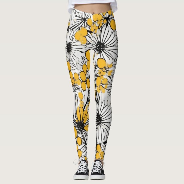 Monokroma blommor: Mimosa och Daisy Fusion Leggings (Framsida)