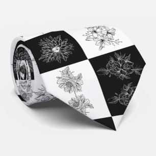 Monokroma blommor och schackbräde mönster slips