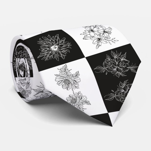 Monokroma blommor och schackbräde mönster slips (Rullad)