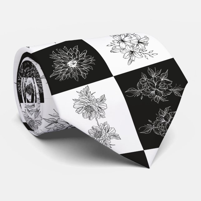 Monokroma blommor och schackbrädemönster slips (Rullad)