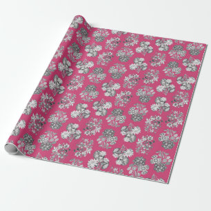Monokroma blommor på Cerise Background Giftwrap Presentpapper