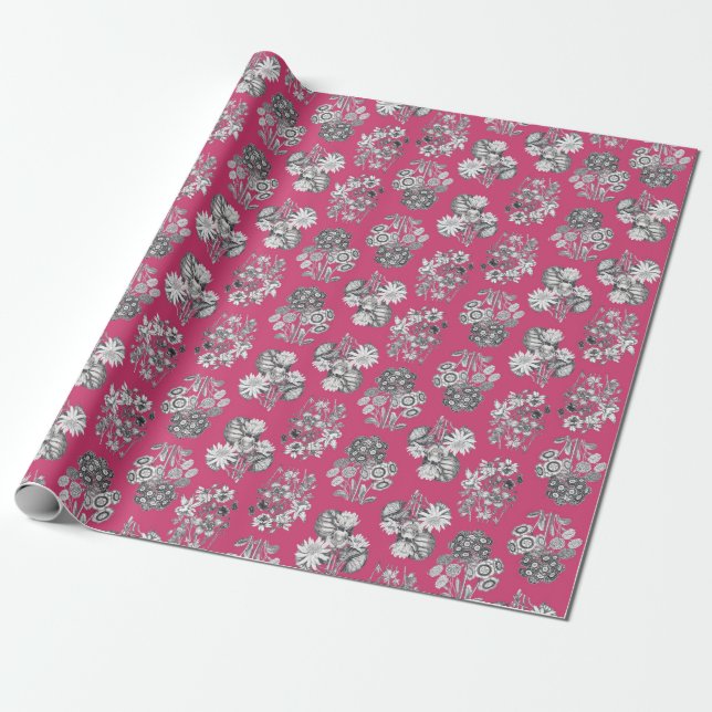 Monokroma blommor på Cerise Background Giftwrap Presentpapper (Utrullad)