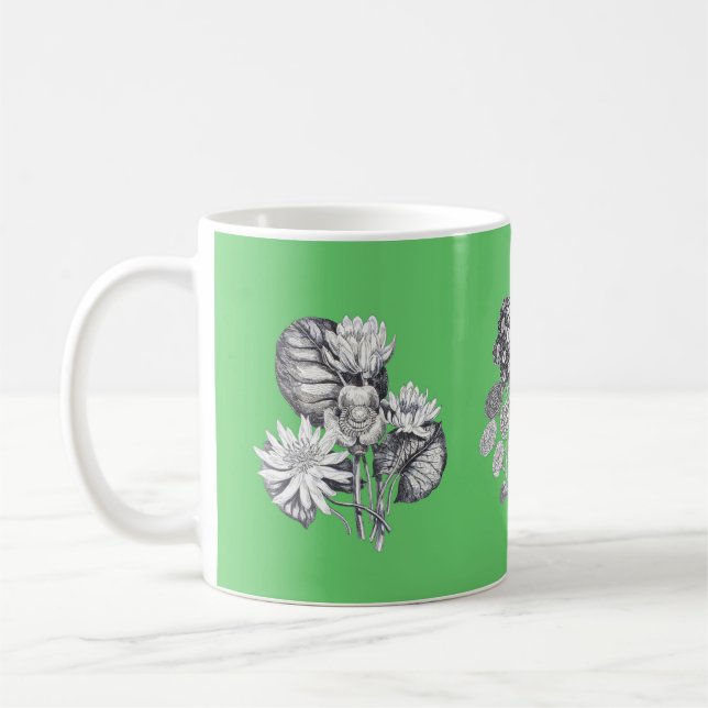 Monokroma blommor på gröntens bakgrund kaffemugg (Vänster)