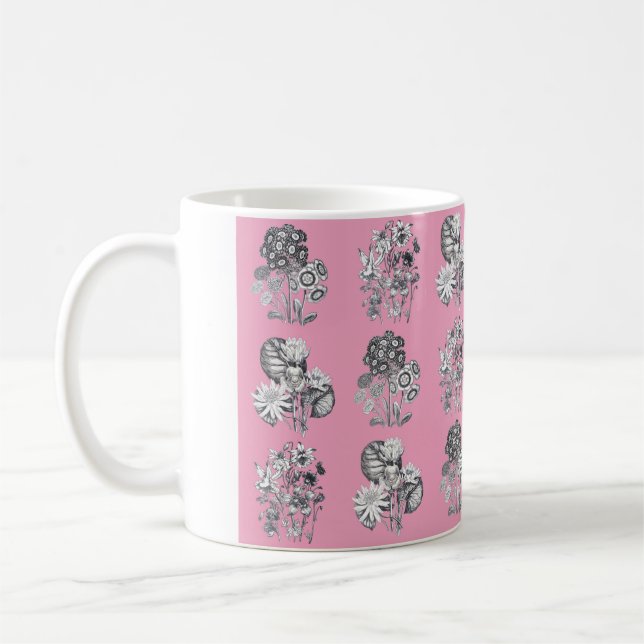 Monokroma blommor på rosa bakgrund kaffemugg (Vänster)