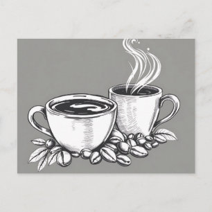 Monokroma kaffekoppar och bönor vykort