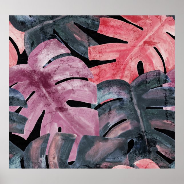 Monokroma monstera: Vattenfärg Tropical Mönster. Poster (Framsidan)