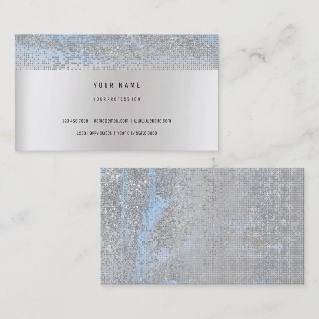Monokromatisk blå Rand, ömtåligt Glam Silver Visitkort (Fram/baksida)