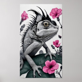 Monokromatisk kameleon med Rosa Flowers Poster