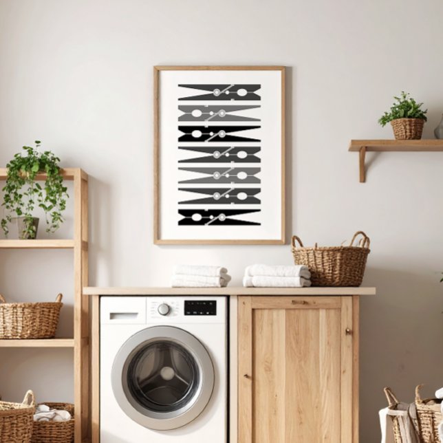 Monokromatiska kläder Stift Tvätt Room Art Poster (monochromatic black, gray and white modern graphic clothes pins art for a fun laundry room)