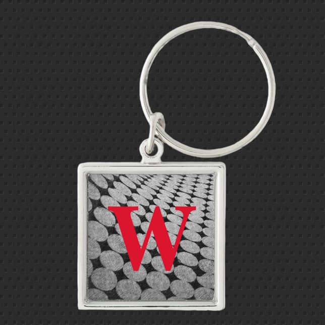 Monokromatiska svarta och Grått Red Monogram Fyrkantig Silverfärgad Nyckelring (Skapare uppladdad)