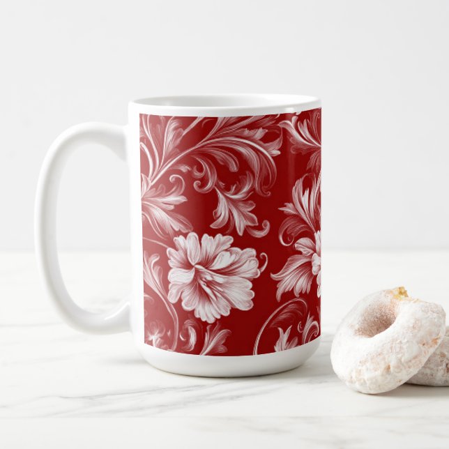 Monokromatiskt baroque-Blommönster, rödvitt Kaffemugg (Med munk)
