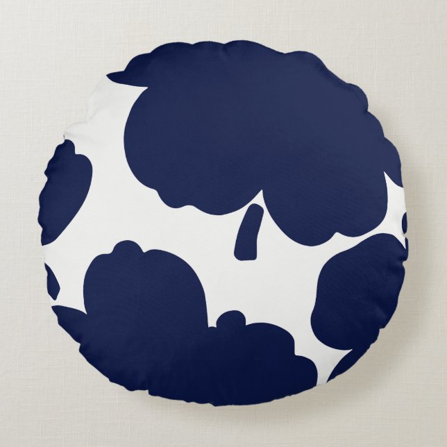 Monokrome Bloom Navy Rund Kudde (Framsidan)