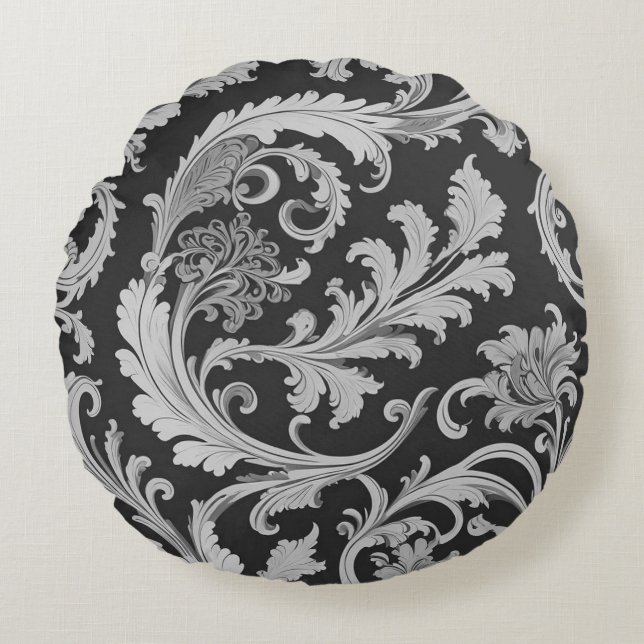Monokrome Fleur Antique Mönster Rund Kudde (Framsidan)
