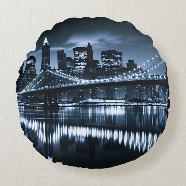 Monokrome New York Skyline Nightscape Rund Kudde (Framsidan)