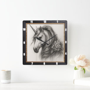 Monokrome Unicorn-Blommigt Fyrkantig Klocka
