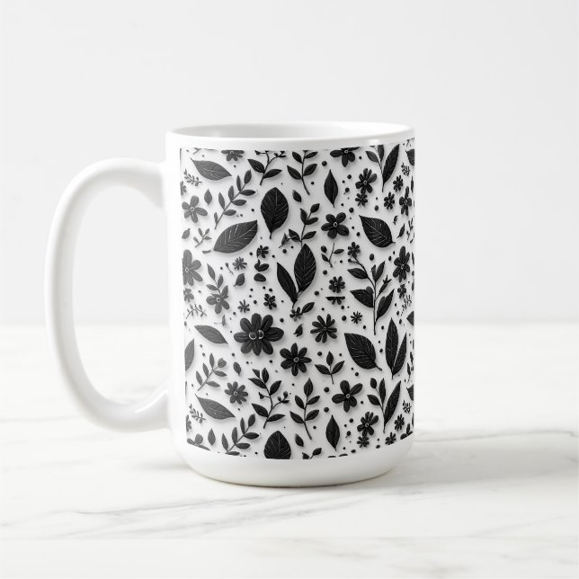 Monokromt blommönster med blad och blommor kaffemugg (Vänster)