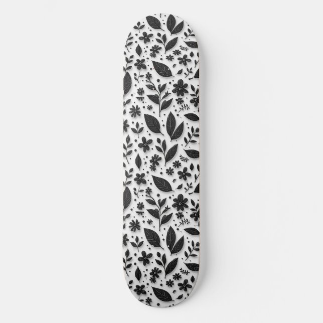 Monokromt blommönster med blad och blommor mini skateboard bräda 18,5 cm (Framsida)