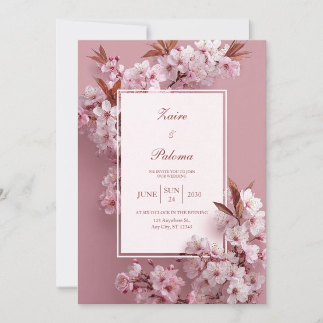 Monokromt Rosa Körsbärsblom-Wedding Inbjudningar (Framsida)