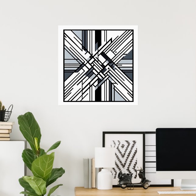 Monokromt rutnät X - Geometric Line Art för Abstra Poster (Hemmakontoret)