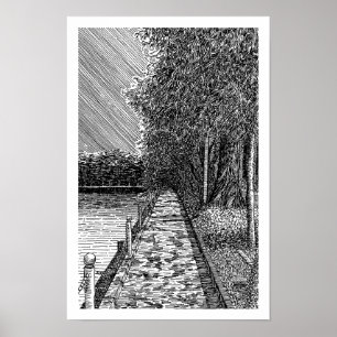 Monokromt Sceniskt Sjöpromenad Linje Art Print Poster