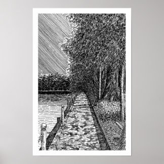 Monokromt Sceniskt Sjöpromenad Linje Art Print Poster