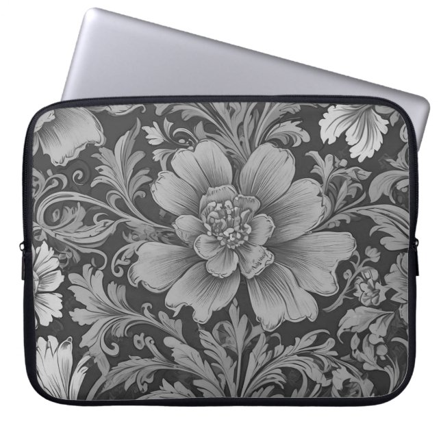 Monokromt vintage blommönster  laptop fodral (Framsidan)