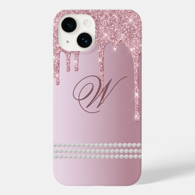 Monongram  Rosa Glitter Drip iPhone 14, (Baksida)