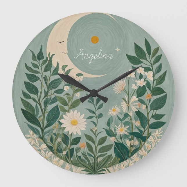 Monontända blommor: Pastel Floral och Crescent Moo Stor Klocka (Framsida)