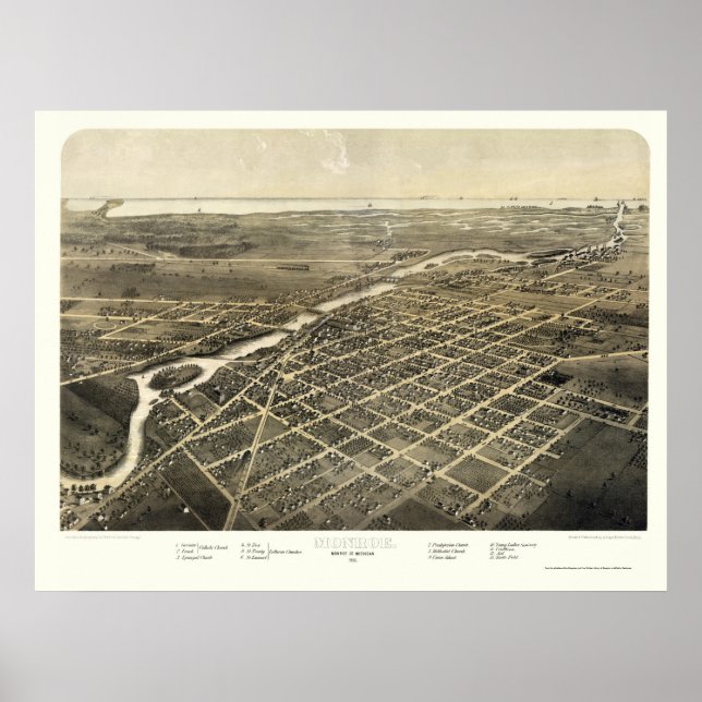 Monroe, MI Panoramic Karta - 1866 Poster (Framsidan)