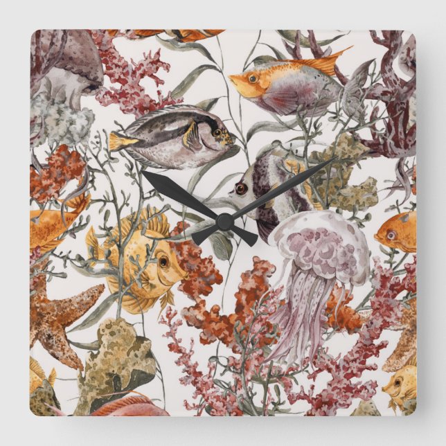 Mönster 2 för vattenfärghavsliv fyrkantig klocka (Framsida)