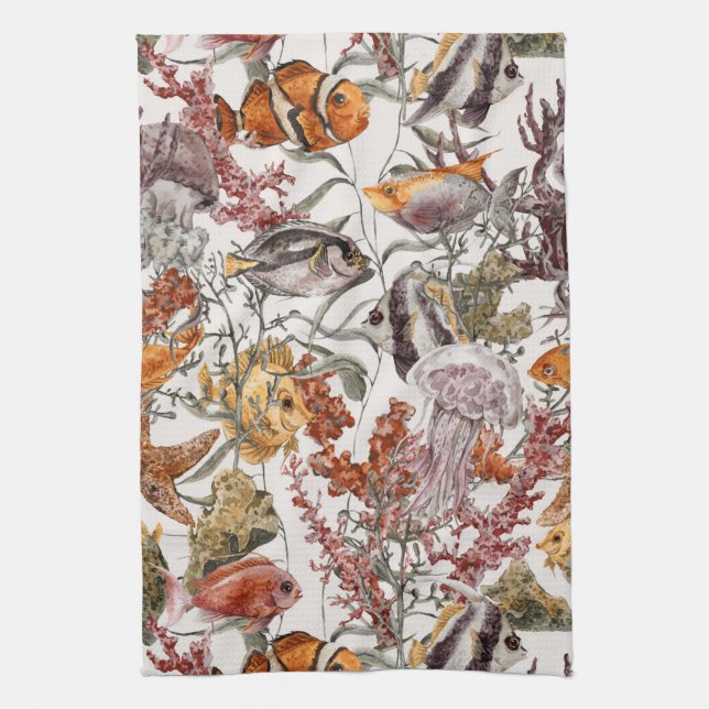 Mönster 2 för vattenfärghavsliv kökshandduk (Vertikal)