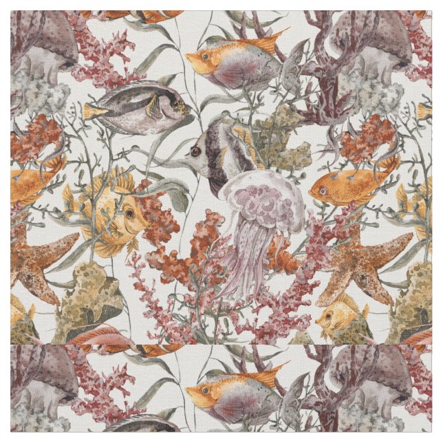 Mönster 2 för vattenfärghavsliv tyg (Närbild)