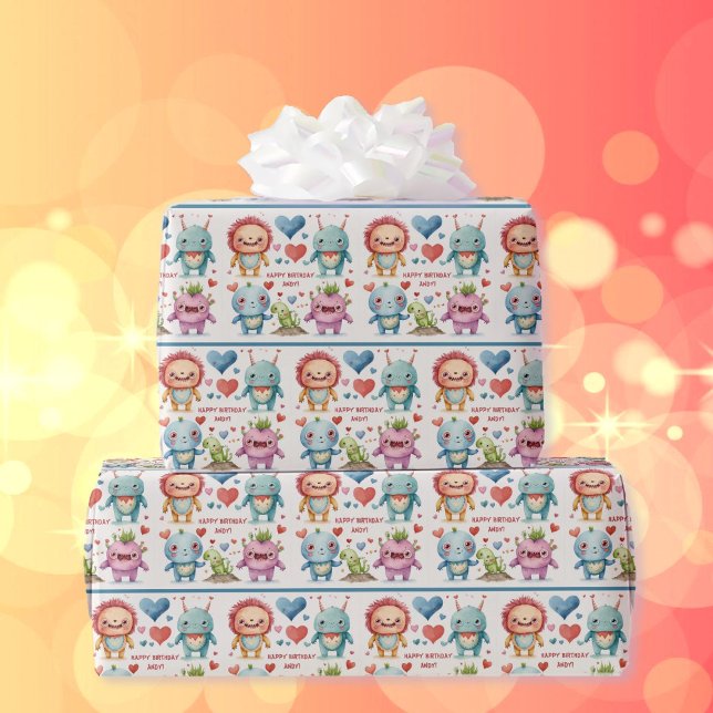 Monster Add Child's Namn Cute Birthday Boy Girl Presentpapper (Skapare uppladdad)