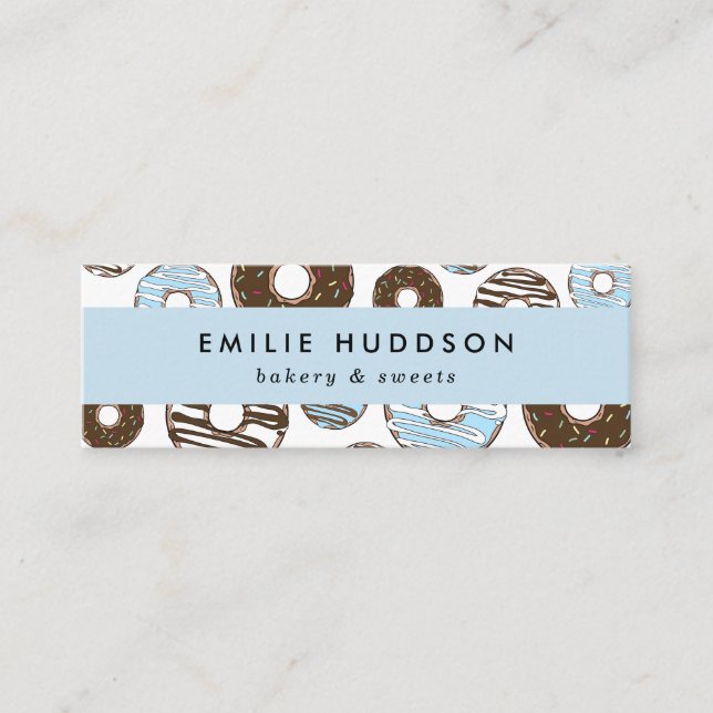 Mönster av blå donuts, kummel, bakverk mini visitkort (Framsida)