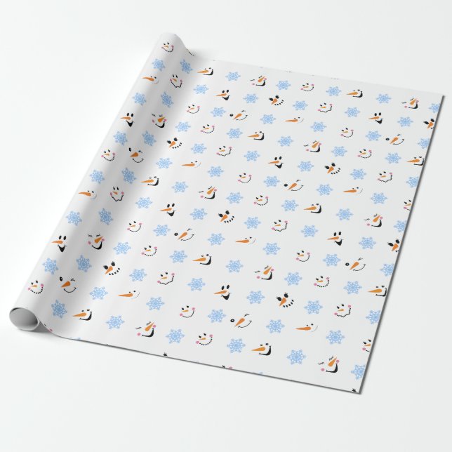 Mönster av coola snömannens ansikten, blå snöfling presentpapper (Utrullad)