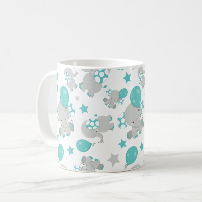 Mönster av elefanter, cute Elephants - Blue Grått Kaffemugg (Framsida vänster)