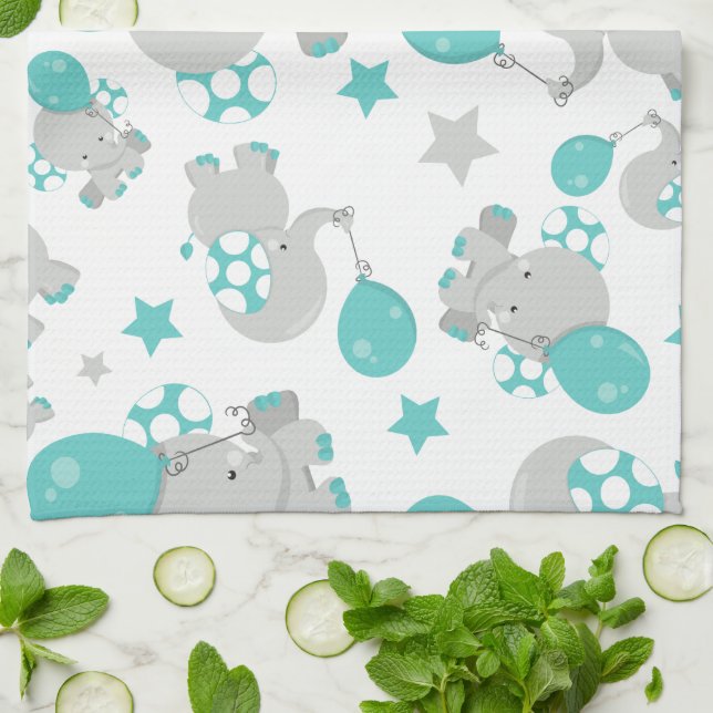 Mönster av elefanter, cute Elephants - Blue Grått Kökshandduk (Vikta)