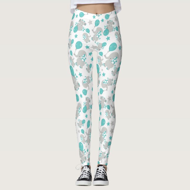 Mönster av elefanter, cute Elephants - Blue Grått Leggings (Framsida)