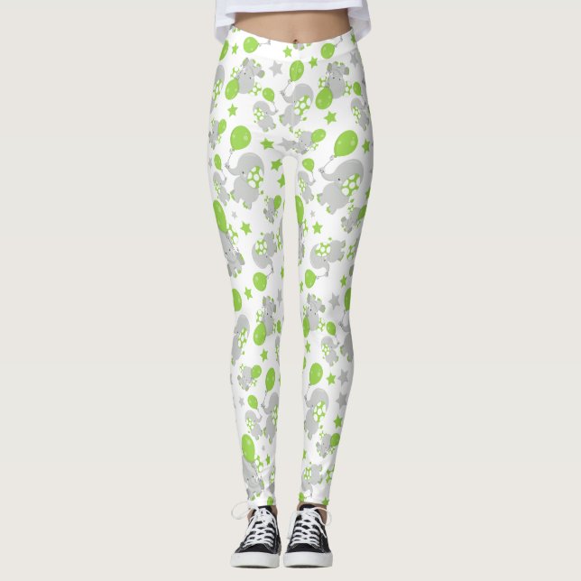 Mönster av elefanter, cute Elephants - Grönt Grått Leggings (Framsida)