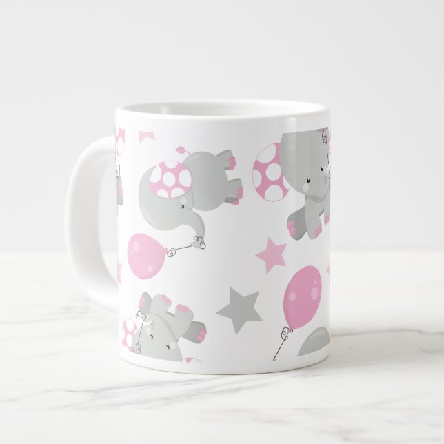 Mönster av elefanter, cute Elephants - Rosa Grått Jumbo Mugg (Framsida vänster)