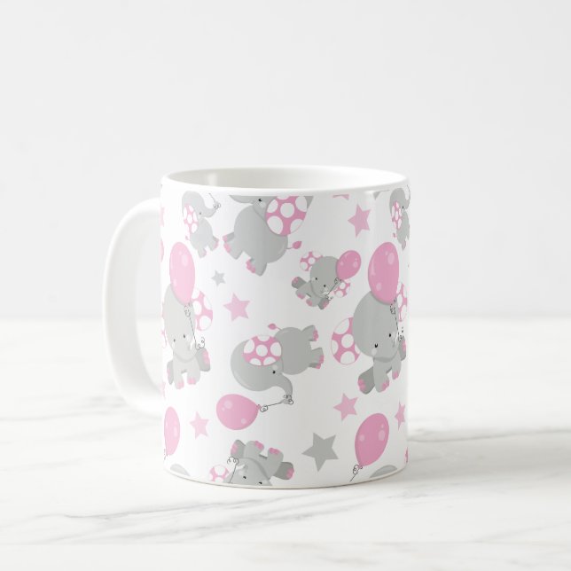 Mönster av elefanter, cute Elephants - Rosa Grått Kaffemugg (Framsida vänster)