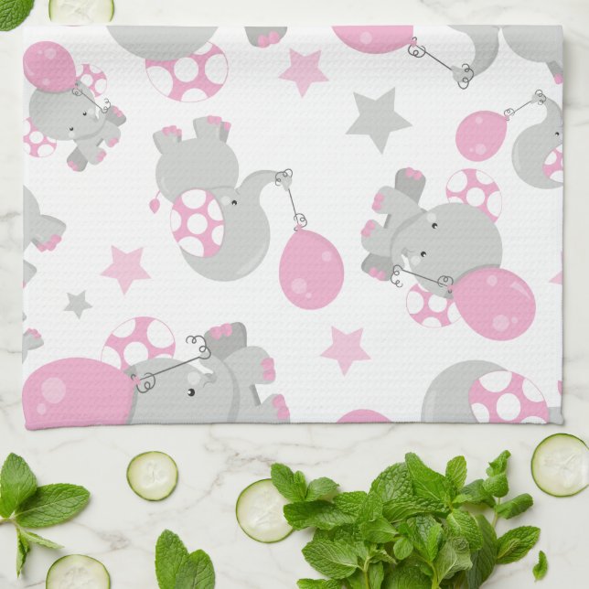 Mönster av elefanter, cute Elephants - Rosa Grått Kökshandduk (Vikta)