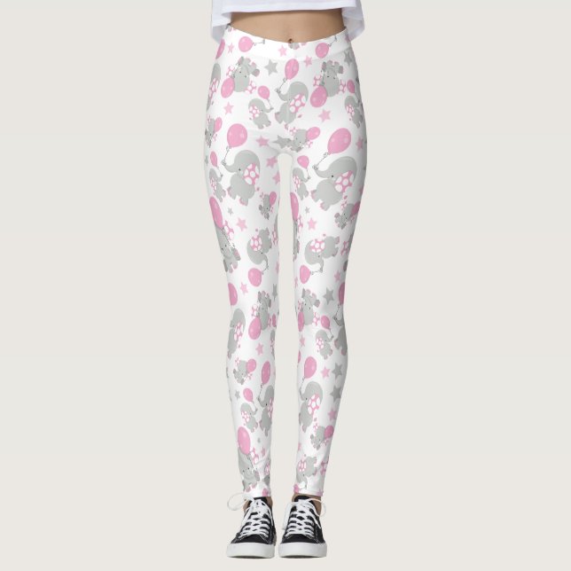 Mönster av elefanter, cute Elephants - Rosa Grått Leggings (Framsida)