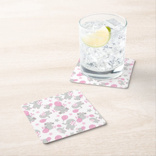 Mönster av elefanter, cute Elephants - Rosa Grått Underlägg Papper Kvadrat (Insitu)