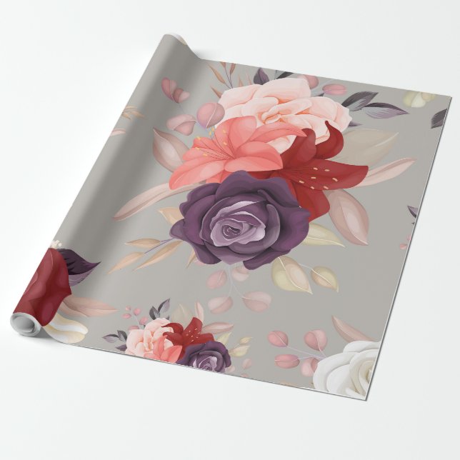 Mönster av färgglada blommor inklusive rosor  presentpapper (Utrullad)
