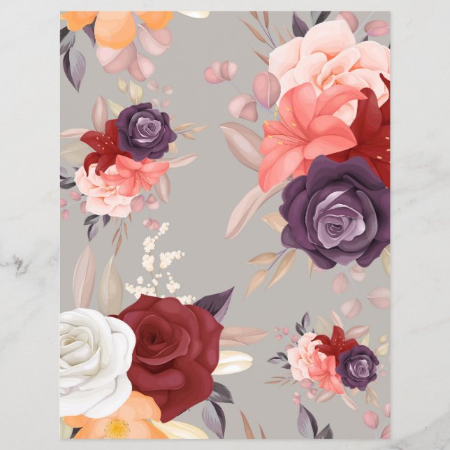 Mönster av färgglada blommor inklusive rosor reklamblad (Baksidan)